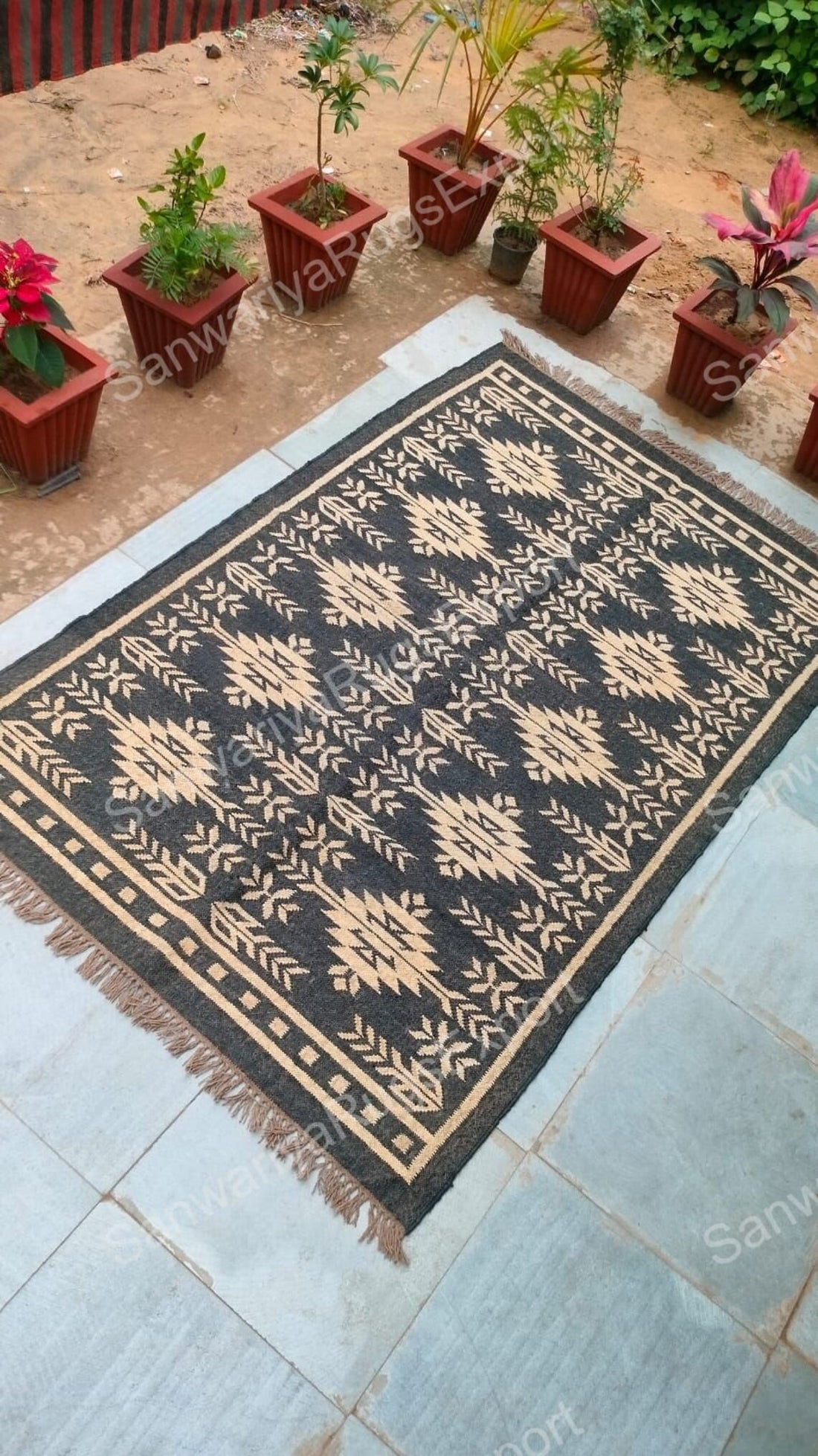 Handwoven Wool Jute Rug | Black Bohemian Kilim | Flatweave Area Carpet