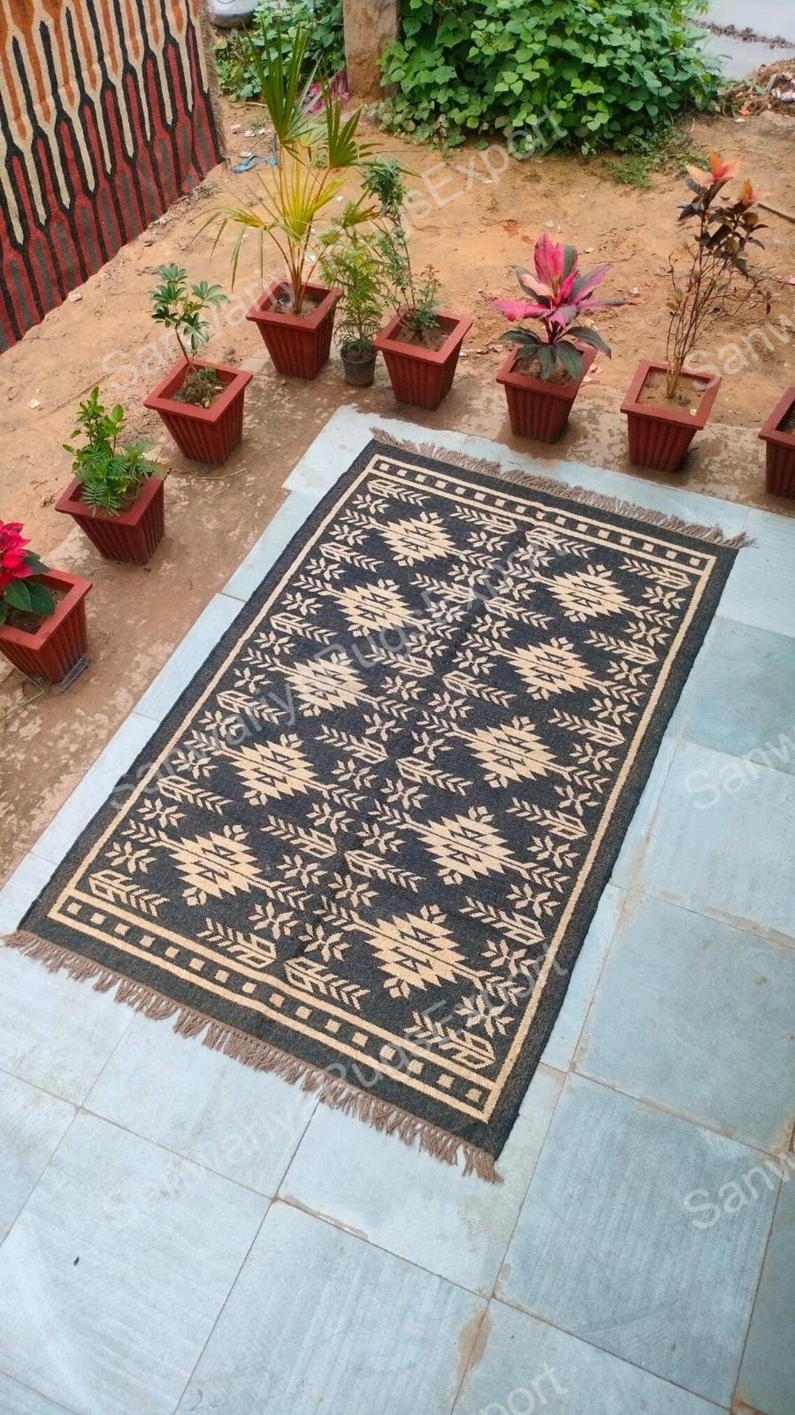 Black Bohemian Wool Jute Rug