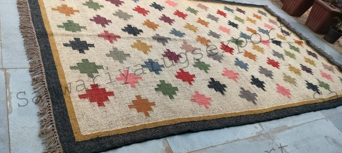 Handwoven Wool Jute Kilim Rug – Geometric Boho Dhurrie for Living Room & Bedroom