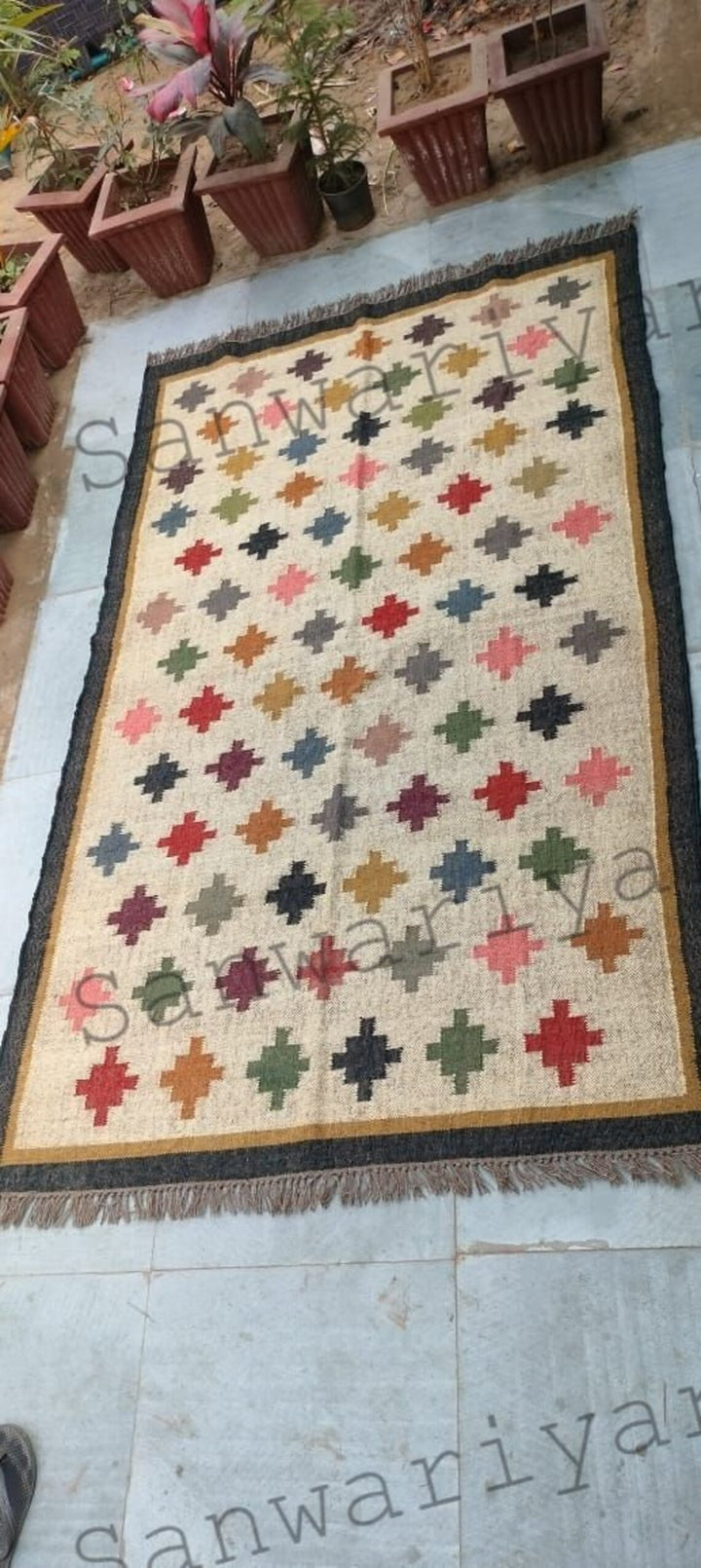 Handwoven Wool Jute Kilim Rug – Geometric Boho Dhurrie for Living Room & Bedroom