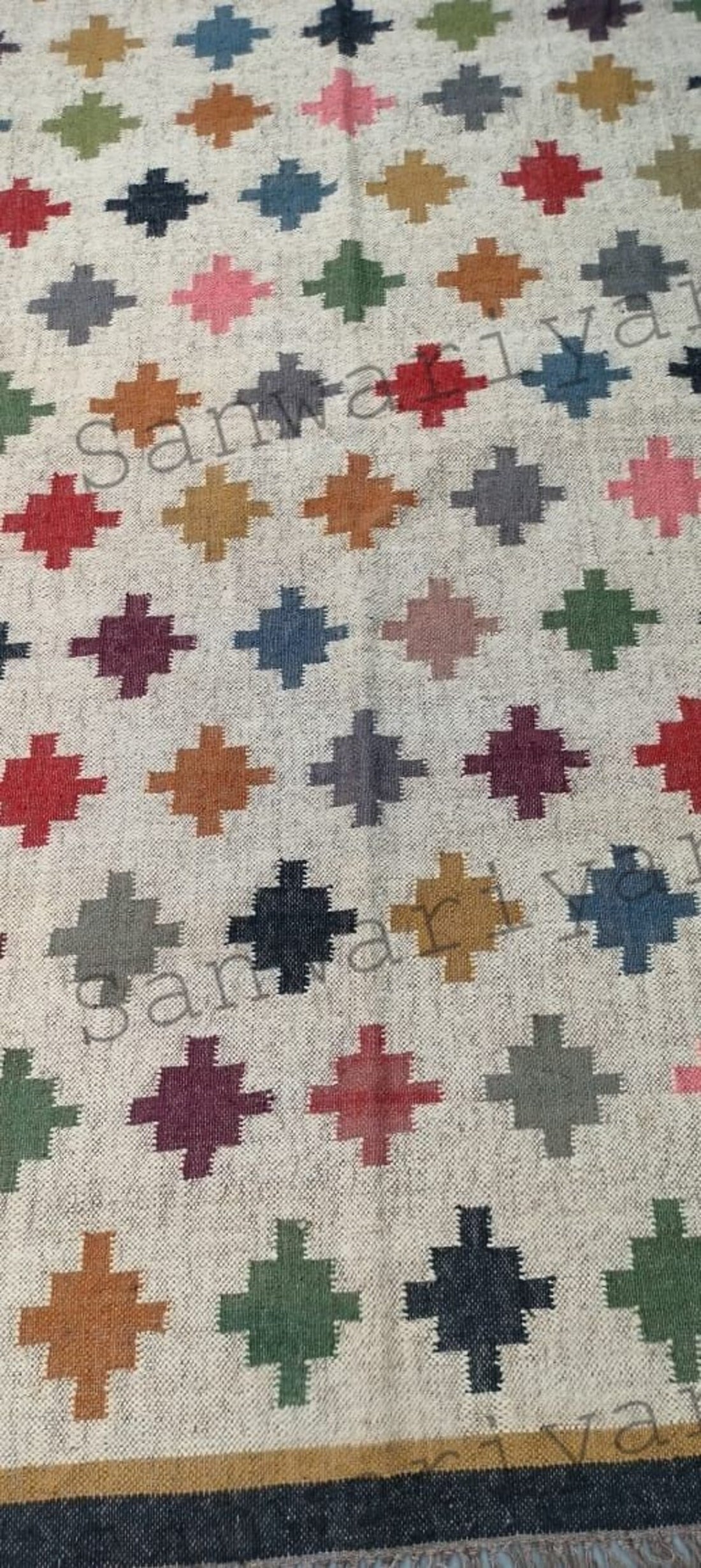 Handwoven Wool Jute Kilim Rug – Geometric Boho Dhurrie for Living Room & Bedroom