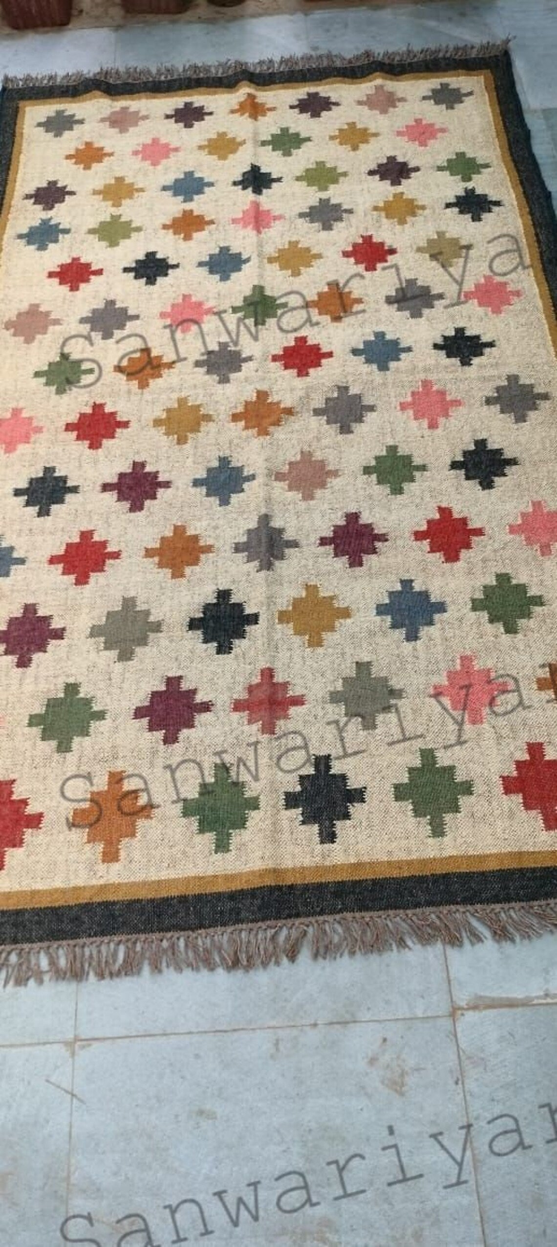 Handwoven Wool Jute Kilim Rug – Geometric Boho Dhurrie for Living Room & Bedroom