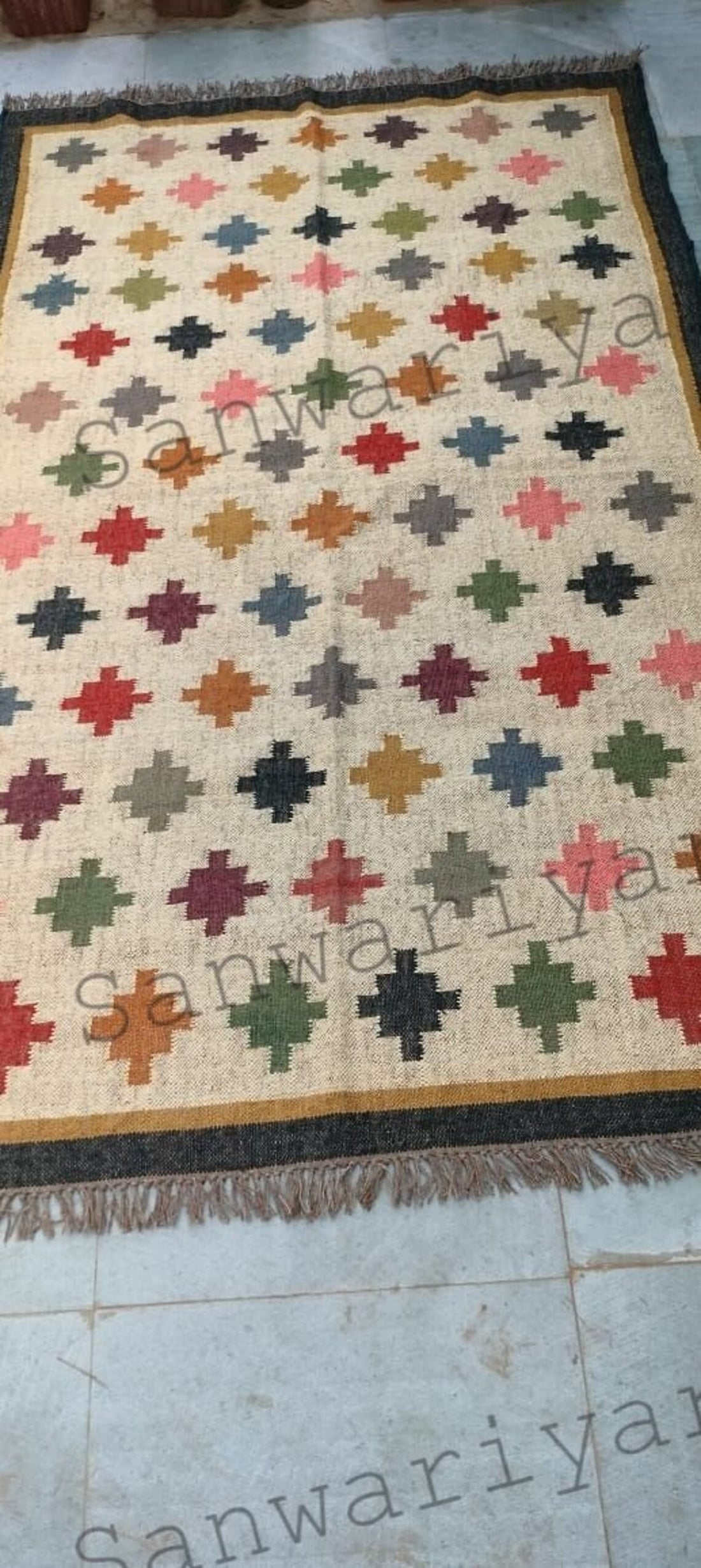 Handwoven Wool Jute Kilim Rug – Geometric Boho Dhurrie for Living Room & Bedroom