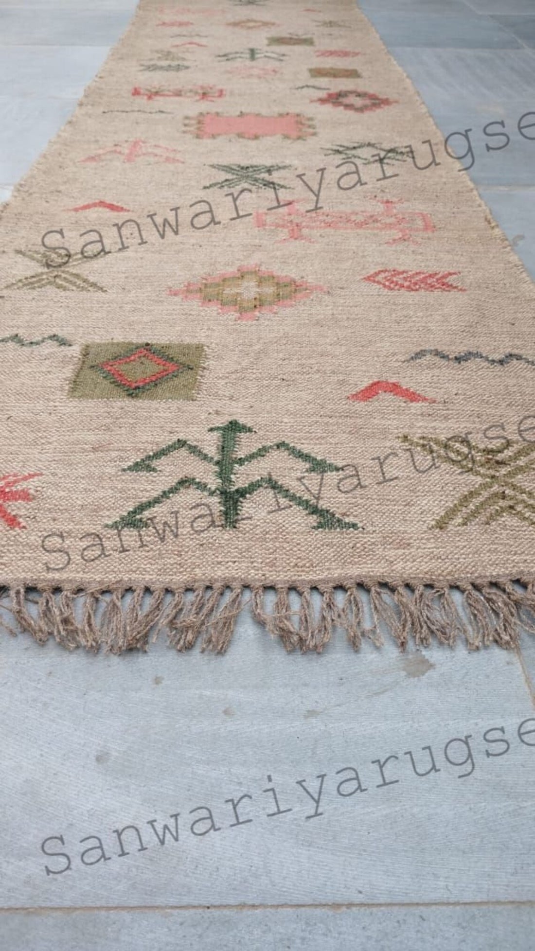 Handwoven Wool Jute Rug Handmade Kilim Dhurrie Rug, Oriental Motifs Runner