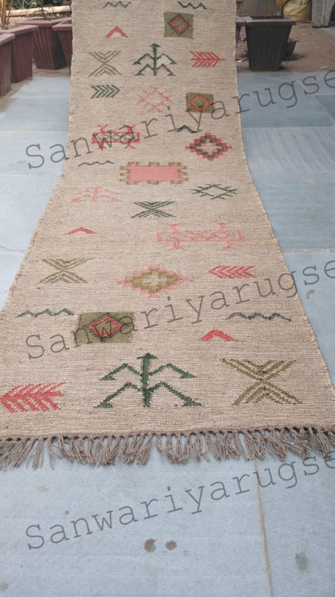 Handwoven Wool Jute Rug Handmade Kilim Dhurrie Rug, Oriental Motifs Runner