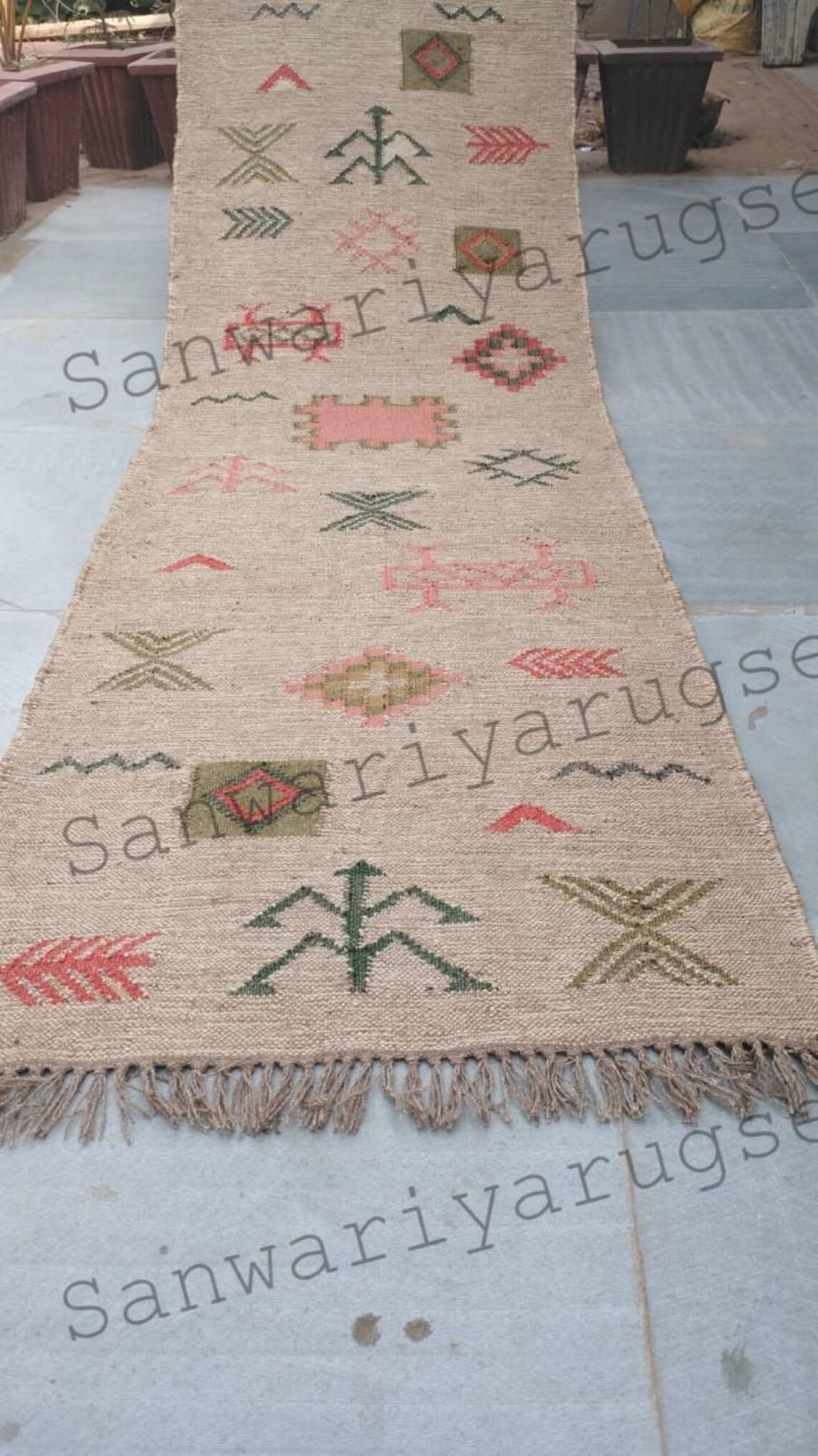 Handwoven Wool Jute Rug Handmade Kilim Dhurrie Rug, Oriental Motifs Runner