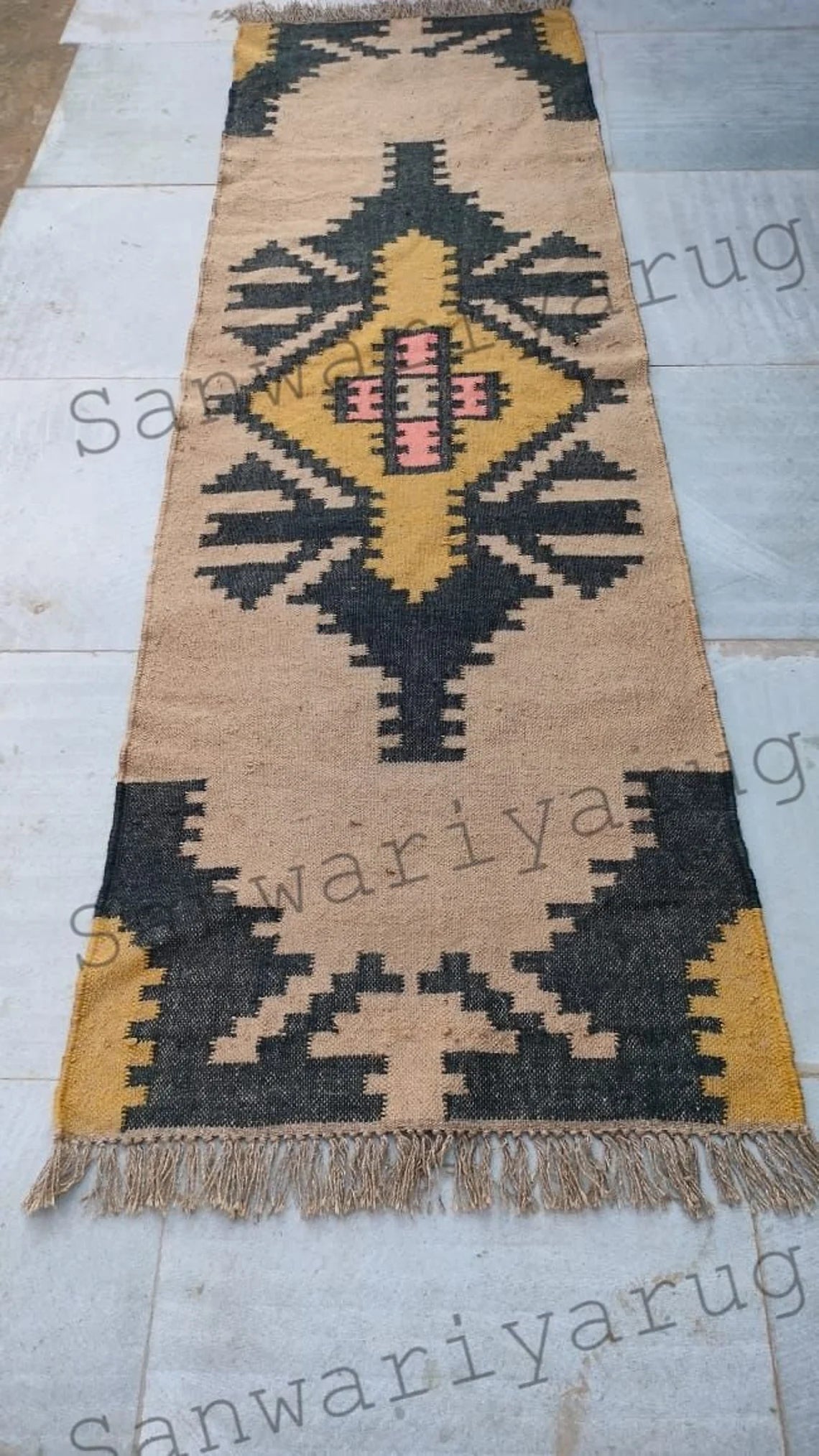 Handwoven Wool Jute Kilim Runner Oriental Geometric Rug