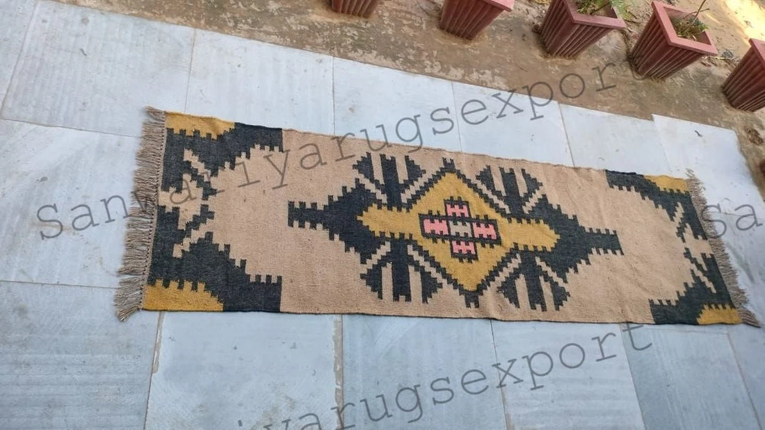 Handwoven Wool Jute Kilim Runner Oriental Geometric Rug