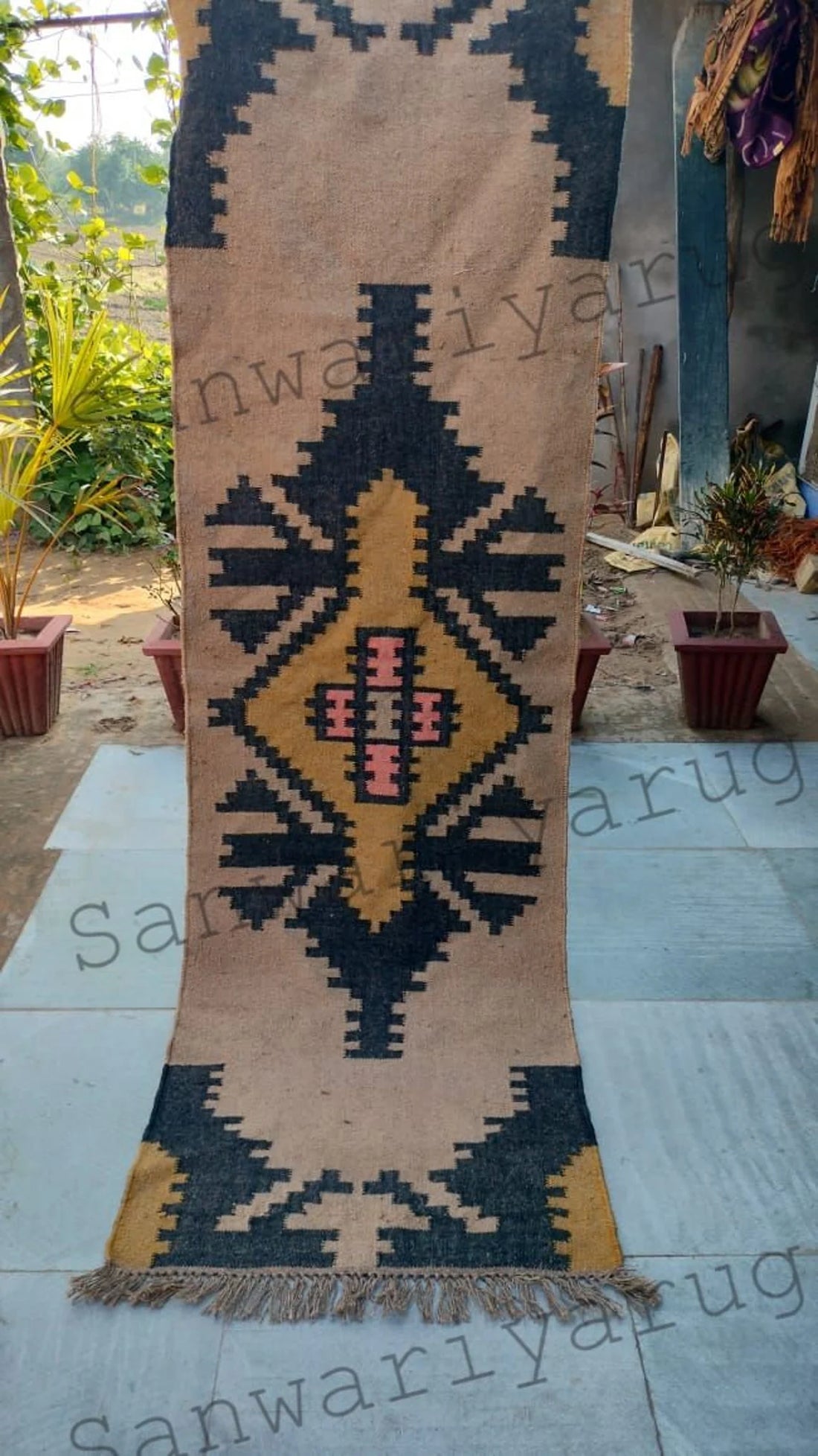 Handwoven Wool Jute Kilim Runner Oriental Geometric Rug