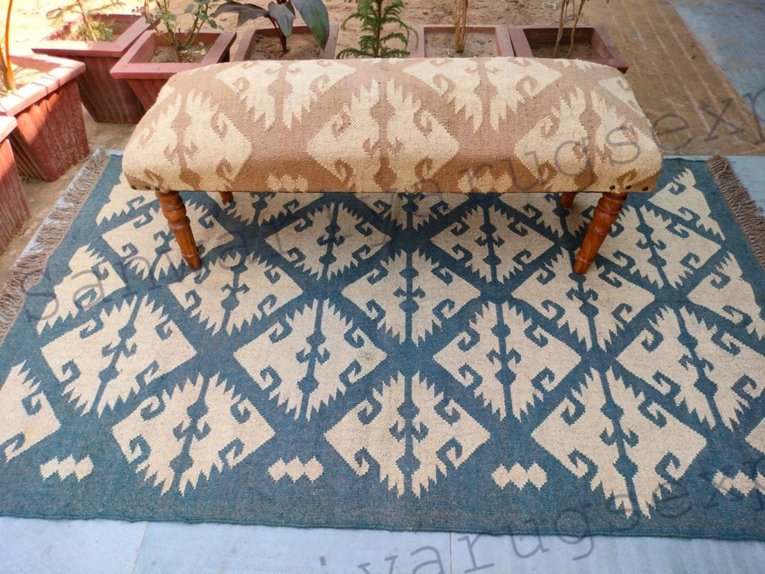 Handmade Kilim Bench – Wool & Jute Rug Upholstered Ottoman