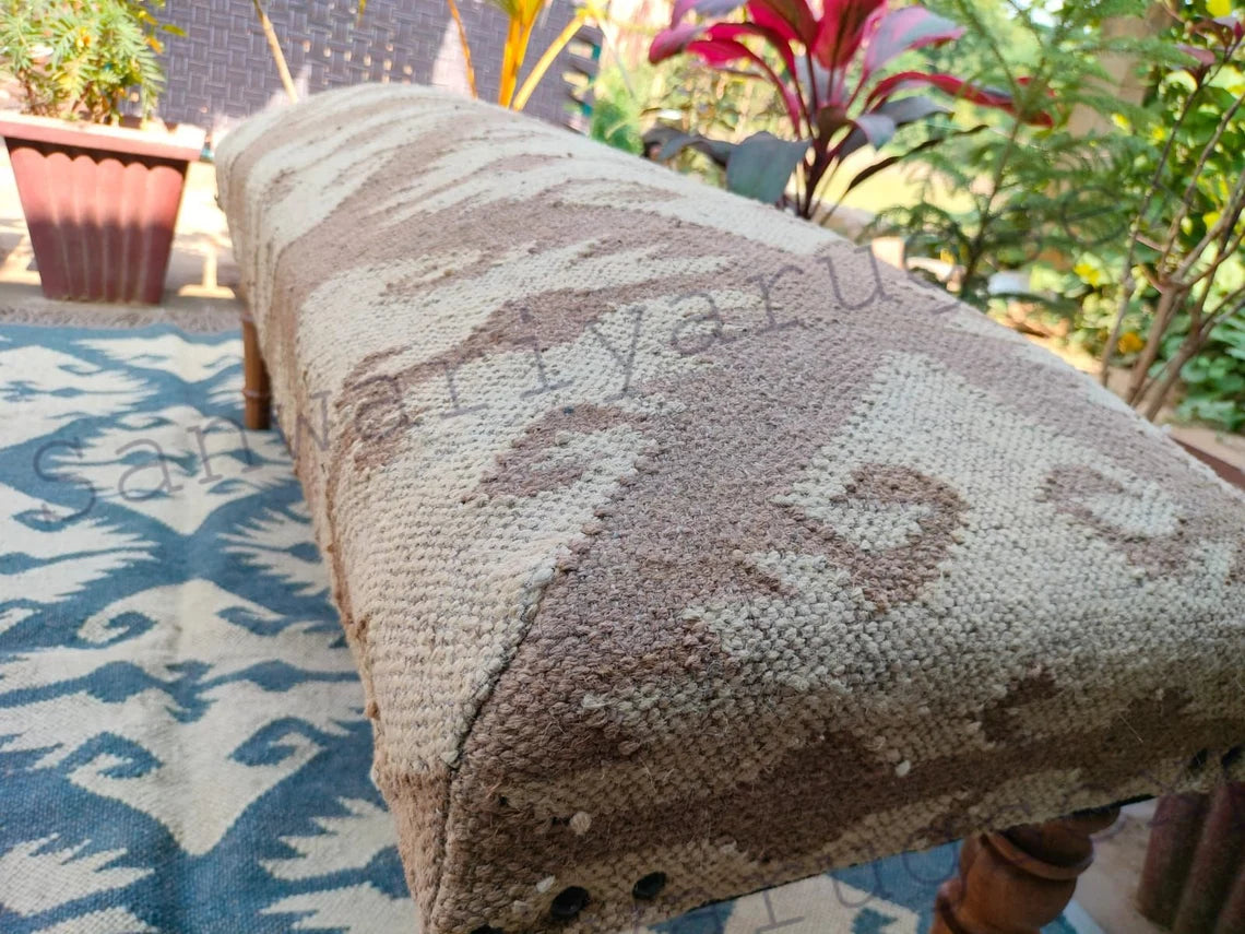 Handmade Kilim Bench – Wool & Jute Rug Upholstered Ottoman