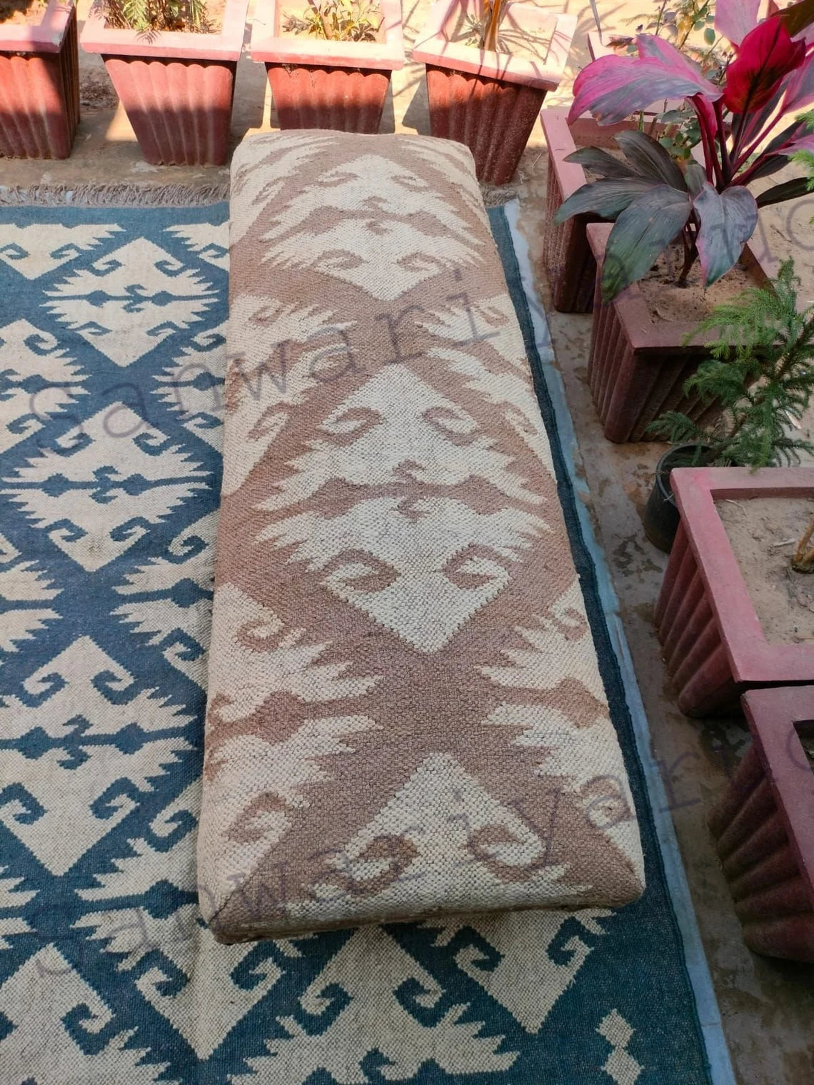 Handmade Kilim Bench – Wool & Jute Rug Upholstered Ottoman