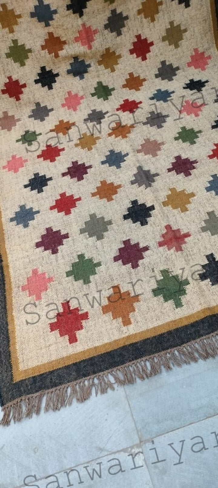 Handwoven Wool Jute Kilim Rug – Geometric Boho Dhurrie for Living Room & Bedroom