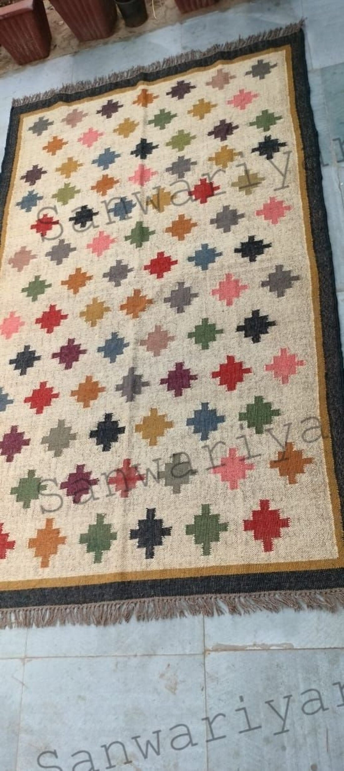 Handwoven Wool Jute Kilim Rug – Geometric Boho Dhurrie for Living Room & Bedroom