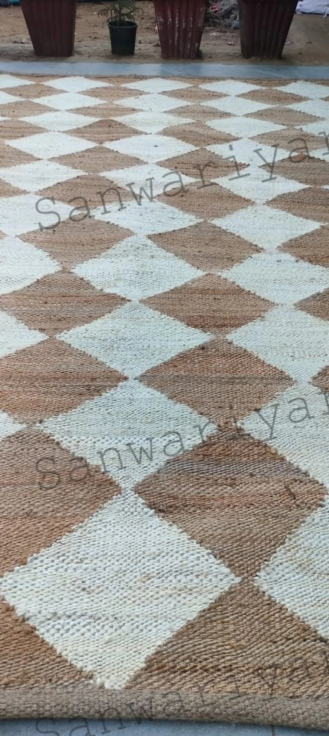 Handwoven Hemp Jute Rug – Natural & White Checkerboard