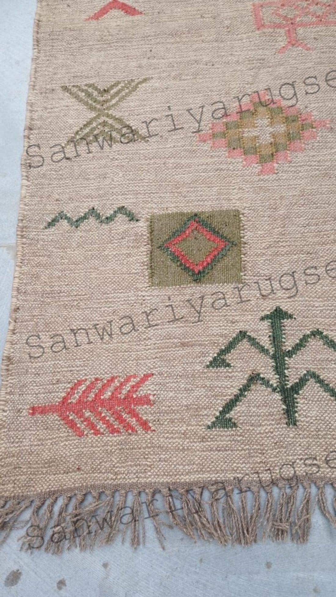 Handwoven Wool Jute Rug Handmade Kilim Dhurrie Rug, Oriental Motifs Runner