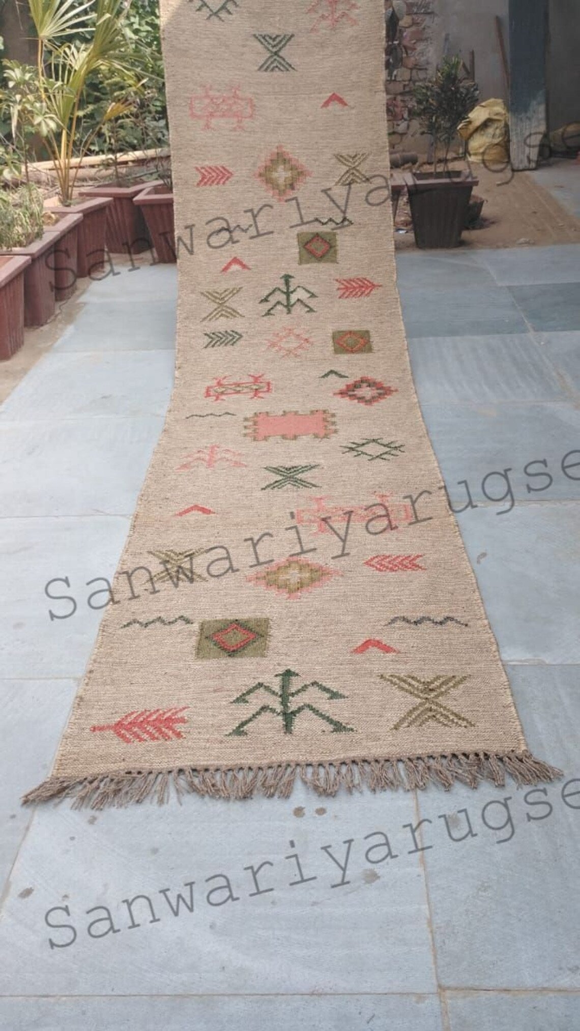 Handwoven Wool Jute Rug Handmade Kilim Dhurrie Rug, Oriental Motifs Runner