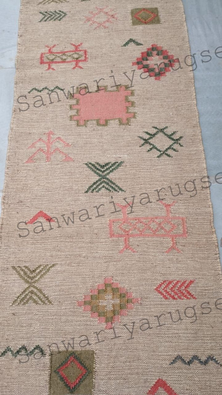 Handwoven Wool Jute Rug Handmade Kilim Dhurrie Rug, Oriental Motifs Runner