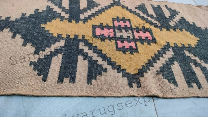 Handwoven Wool Jute Kilim Runner Oriental Geometric Rug
