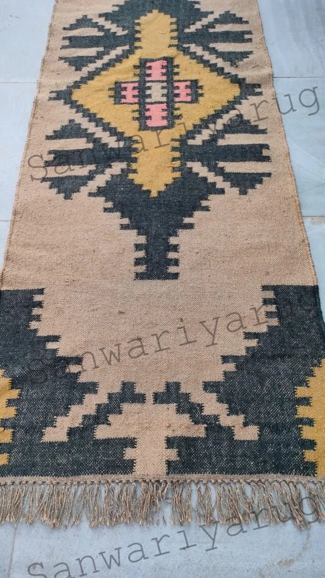 Handwoven Wool Jute Kilim Runner Oriental Geometric Rug