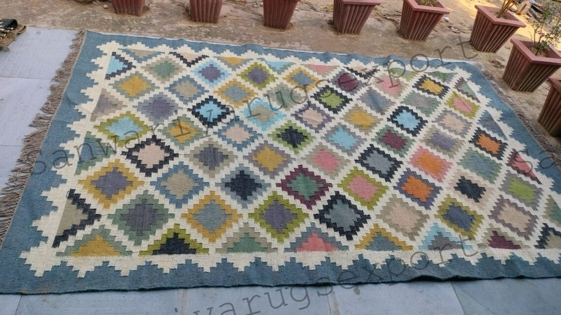 Handwoven Wool Jute Kilim Rug – 6x9 ft Geometric Flatweave Carpet