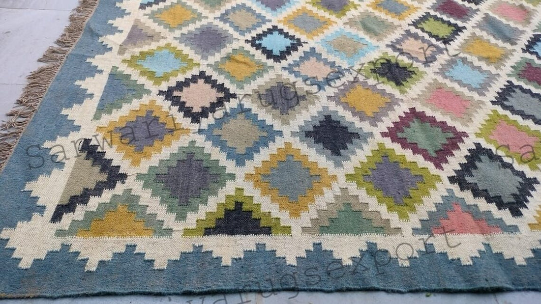 Handwoven Wool Jute Kilim Rug – 6x9 ft Geometric Flatweave Carpet