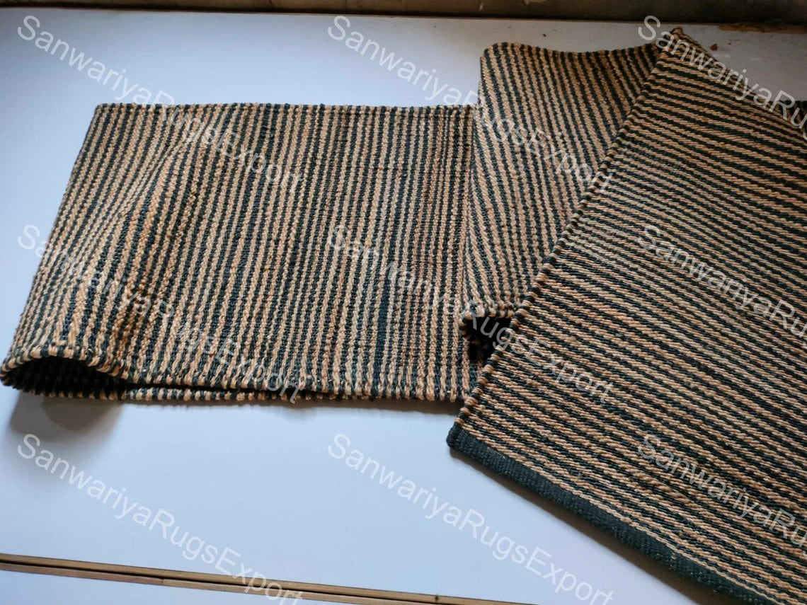 Natural & Black Jute Hemp Runner | Handwoven Area Rug