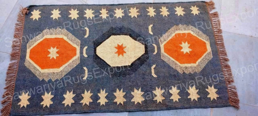 Handmade Wool Jute Kilim Rug – Oriental Geometric Flatweave Carpet