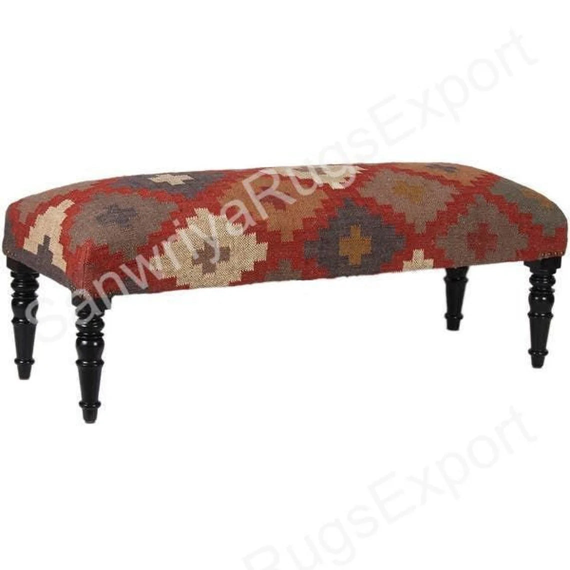Handmade Kilim Bench – Acacia Wood Ottoman with Wool Jute Seat
