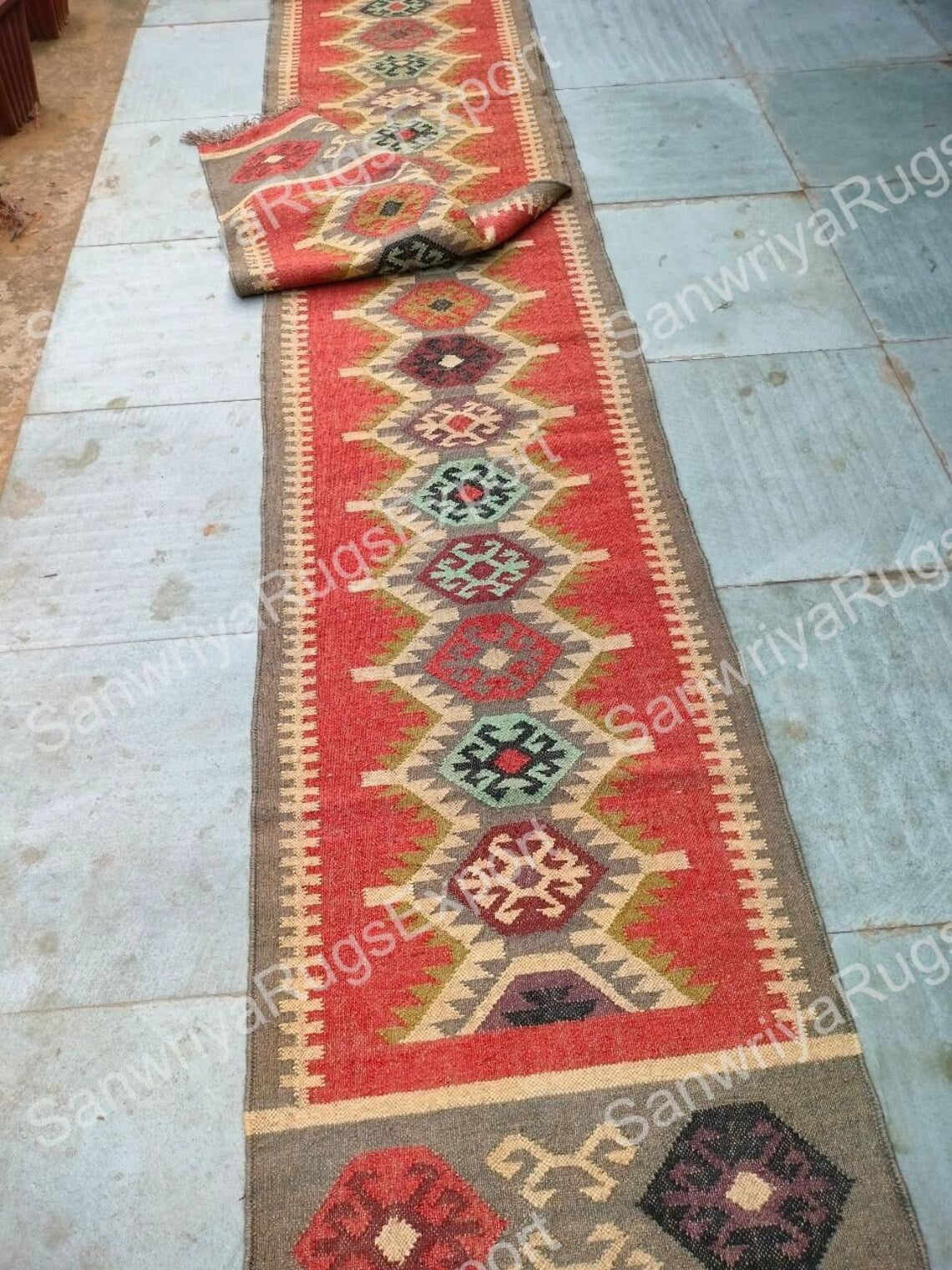 Handwoven Wool Jute Kilim Runner Oriental Tribal Dhurrie Rug with Traditional