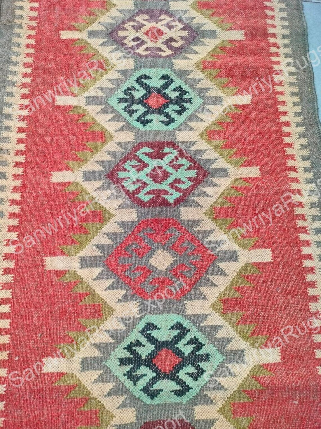 Handwoven Wool Jute Kilim Runner Oriental Tribal Dhurrie Rug with Traditional