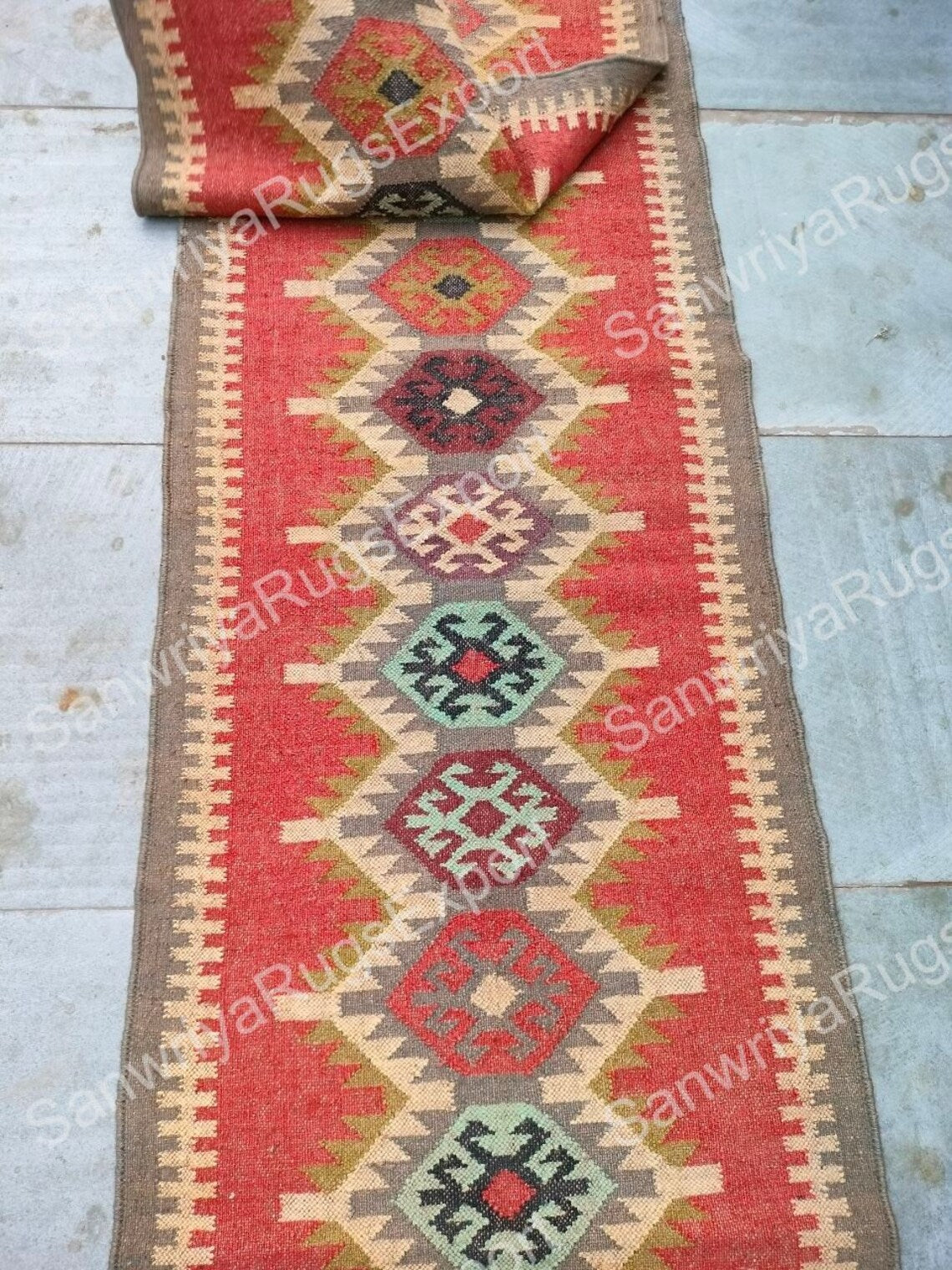 Handwoven Wool Jute Kilim Runner Oriental Tribal Dhurrie Rug with Traditional