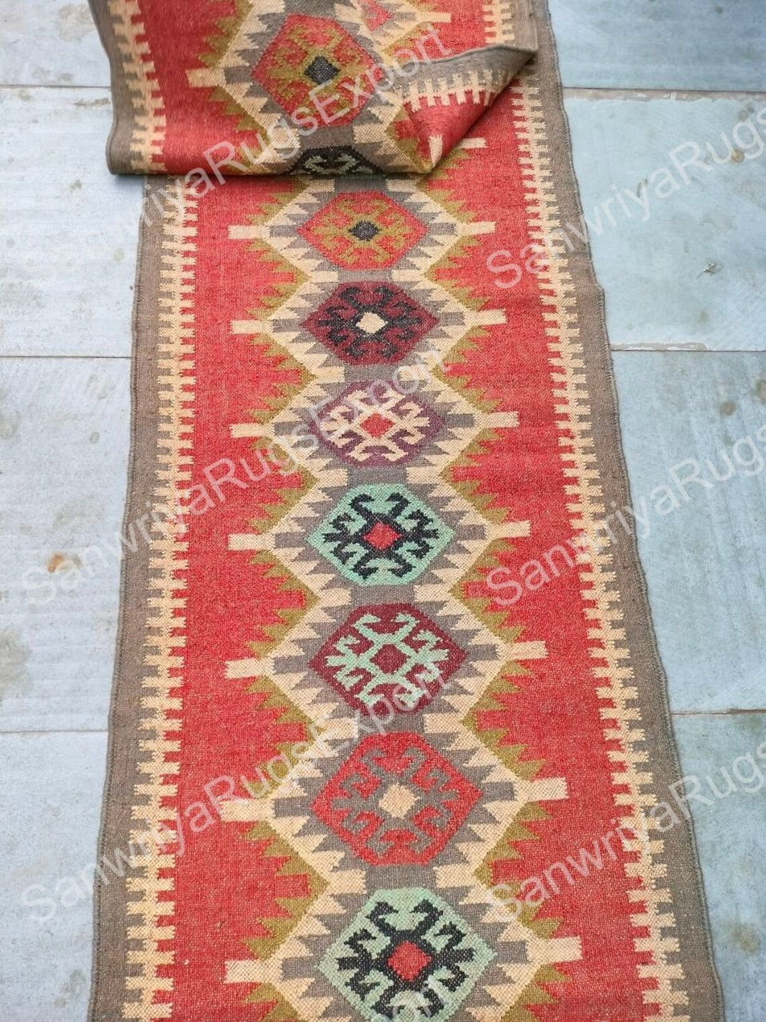 Handwoven Wool Jute Kilim Runner Oriental Tribal Dhurrie Rug with Traditional