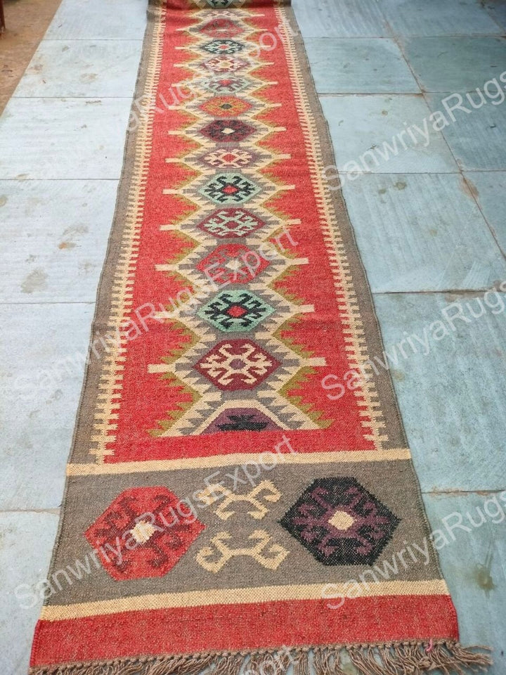Handwoven Wool Jute Kilim Runner Oriental Tribal Dhurrie Rug with Traditional
