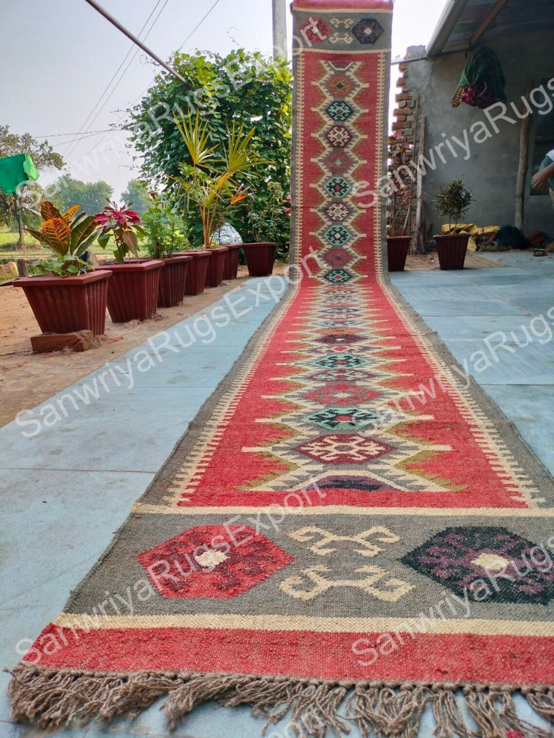 Handwoven Wool Jute Kilim Runner Oriental Tribal Dhurrie Rug with Traditional