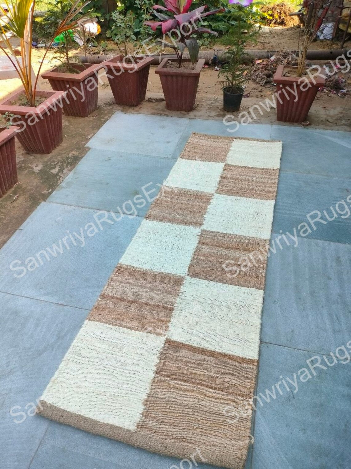 Jute Runner Rug | White & Natural Box Pattern | Handwoven Hemp & Jute Hallway Runner