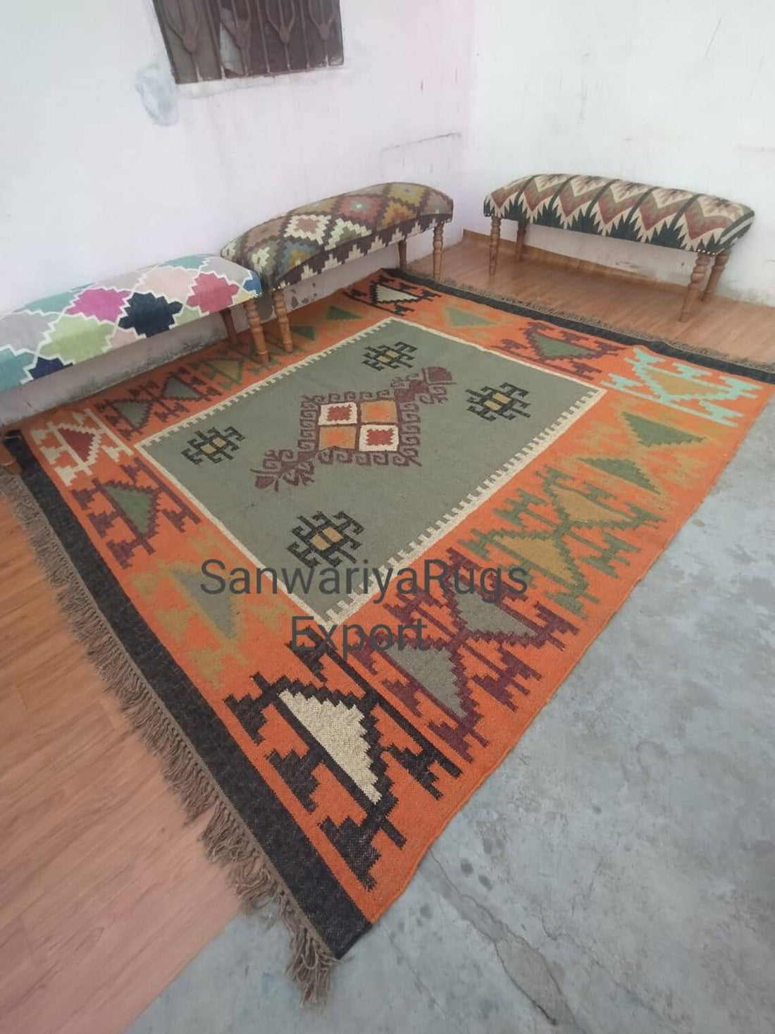 Handwoven Jute Wool Kilim Rug – Traditional Indian Dhurrie for Living Room