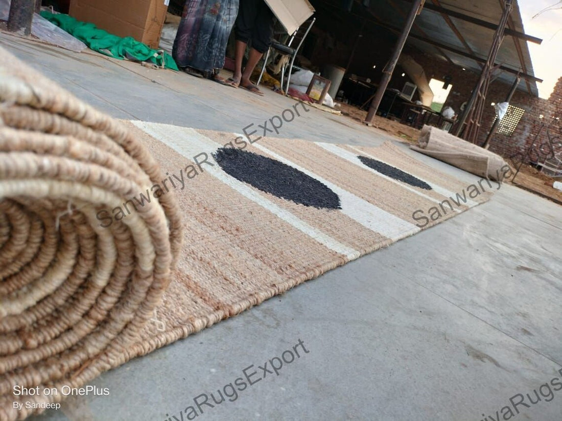 White & Black Circle Hemp Jute Runner Rug