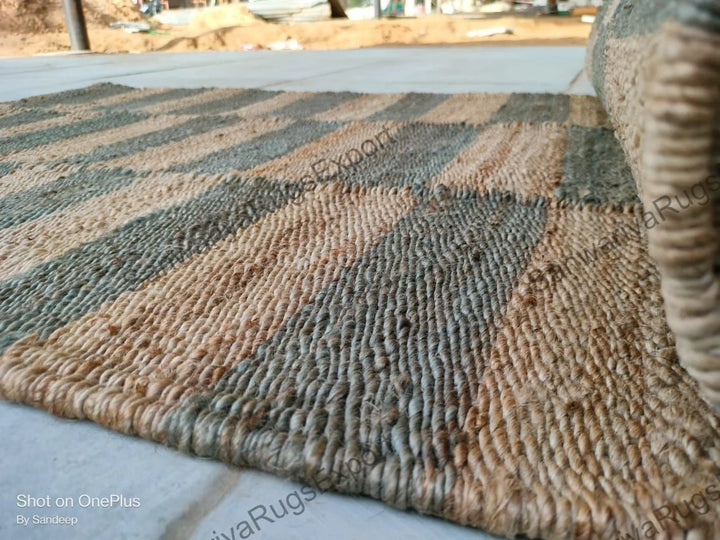 Handwoven Hemp Jute Runner Rug | Natural Grey Box Pattern Eco-Friendly