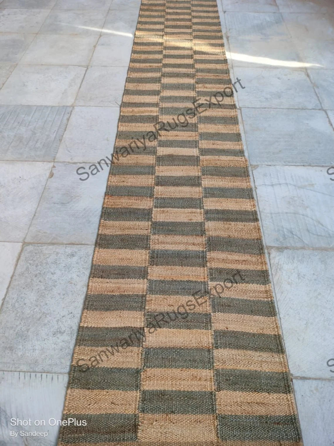 Handwoven Hemp Jute Runner Rug | Natural Grey Box Pattern Eco-Friendly