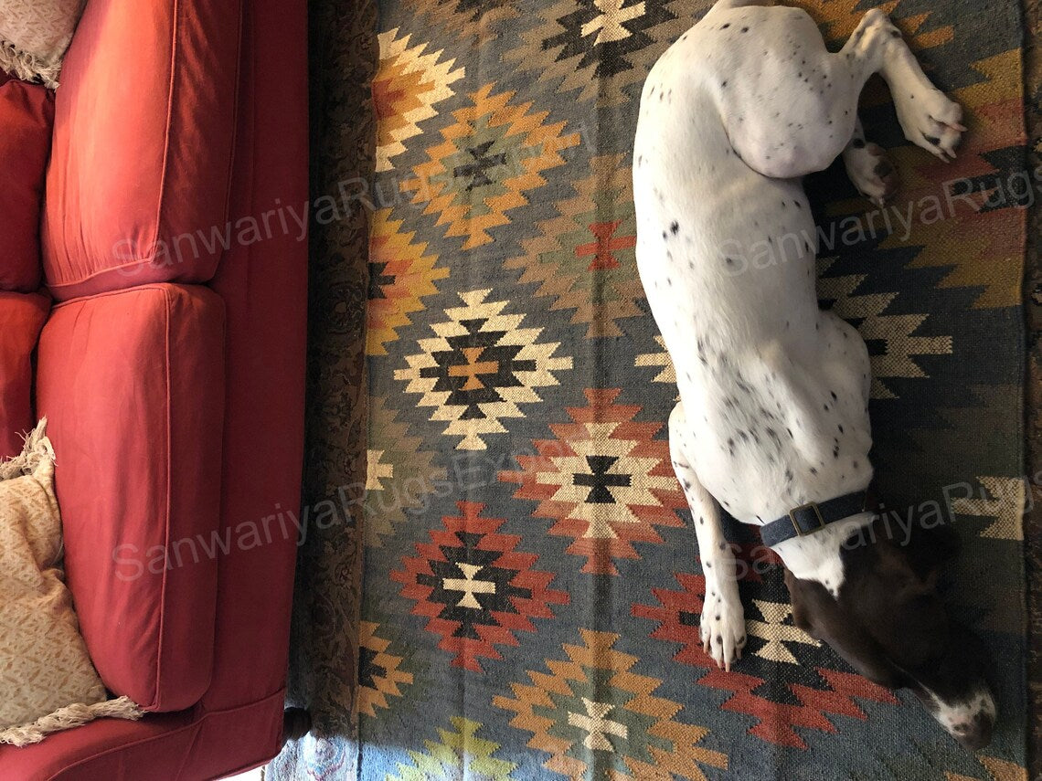 Handwoven Kilim Wool Jute Runner Rug with Traditional Geometric Oriental Motifs