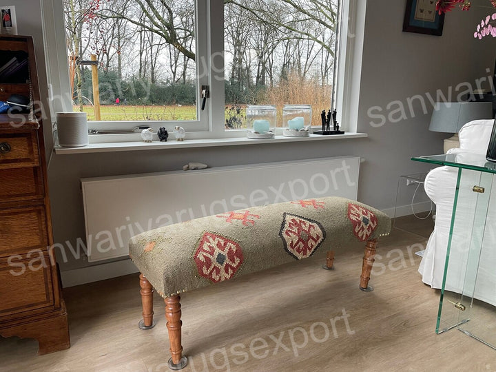 Kilim Bench Wood Work – Handmade Wool & Jute Ottoman