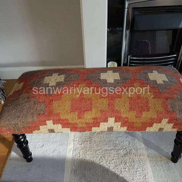 Handmade Kilim Bench – Acacia Wood Ottoman with Wool Jute Seat