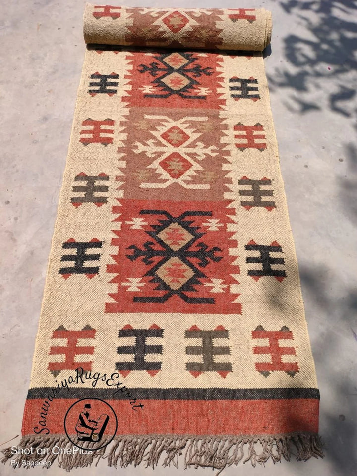 Handwoven Wool Jute Rug Handmade Kilim Dhurrie Rug, Motifs Oriental