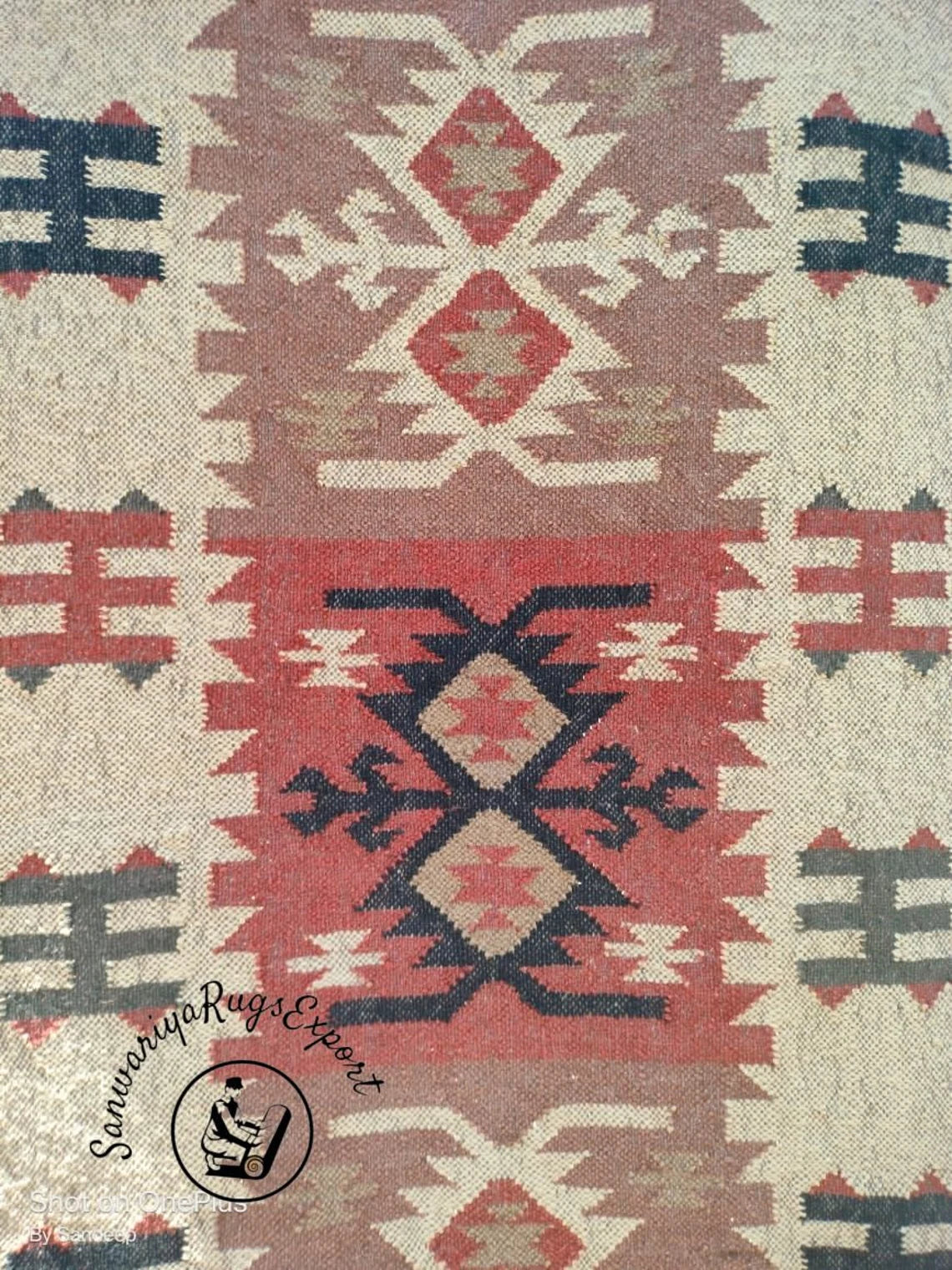 Handwoven Wool Jute Rug Handmade Kilim Dhurrie Rug, Motifs Oriental