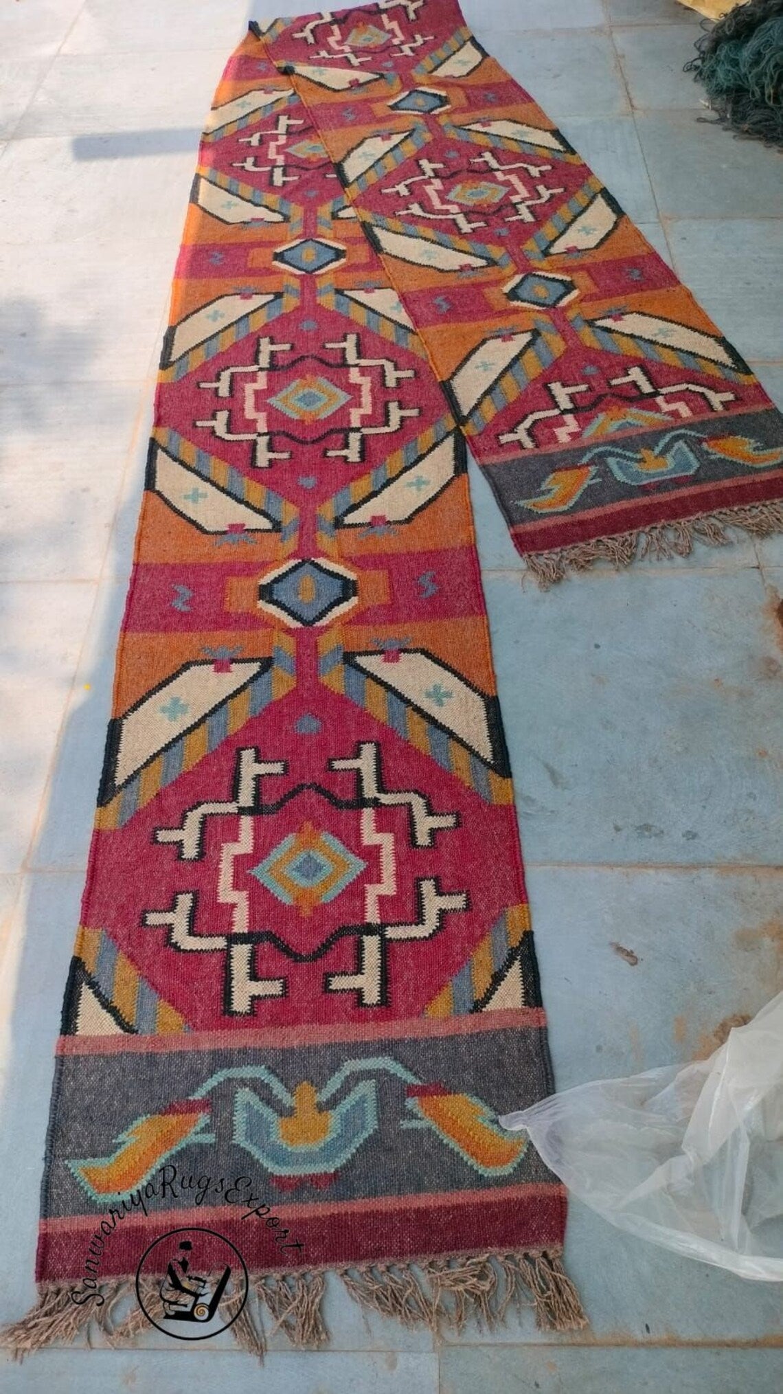Handwoven Wool Jute Kilim Runner Oriental Geometric Rug
