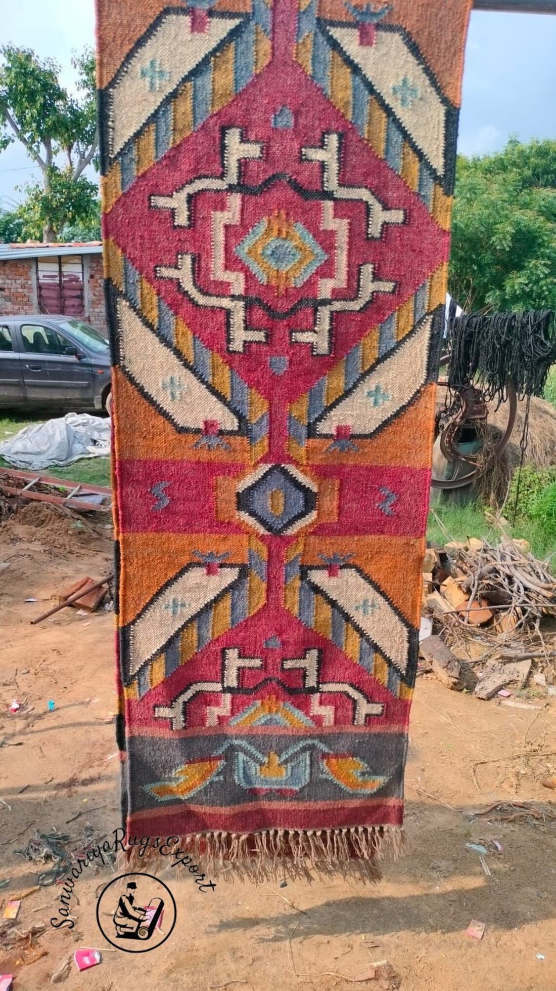 Handwoven Wool Jute Kilim Runner Oriental Geometric Rug