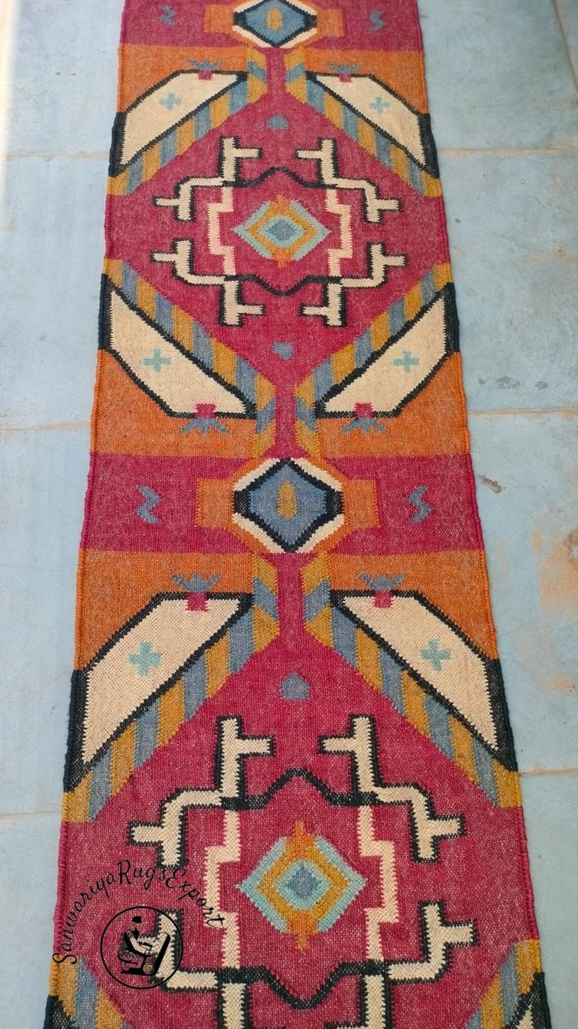 Handwoven Wool Jute Kilim Runner Oriental Geometric Rug