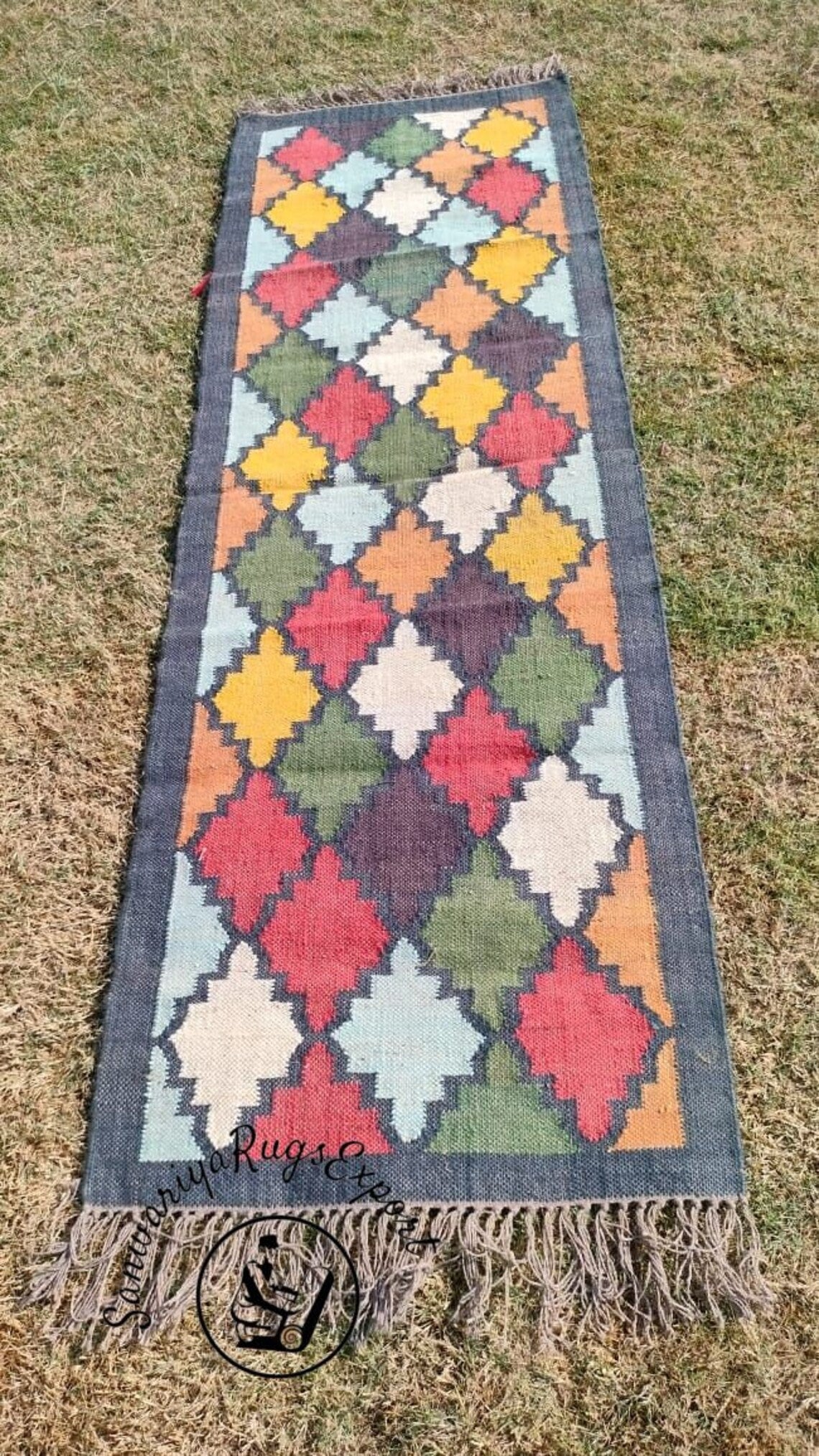 Handwoven Wool Jute Kilim Runner Rug Geometric Turkish Home decor