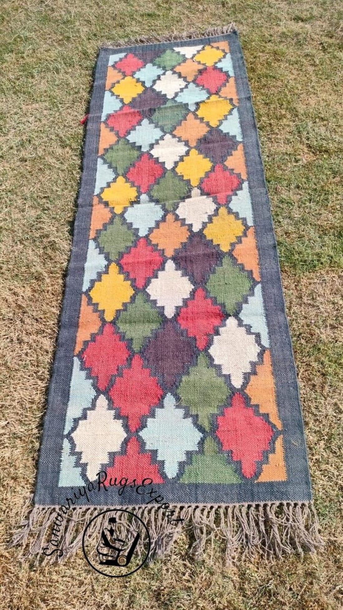 Handwoven Wool Jute Kilim Runner Rug Geometric Turkish Home decor